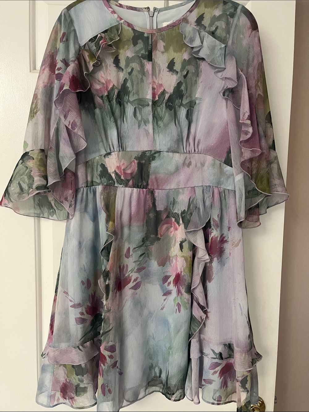 Ted Baker London Pastel Floral Ruffle Dress in Lavender, Green and Pink